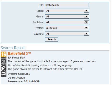 PEGI Video game rating systems rating of Battlefield 3