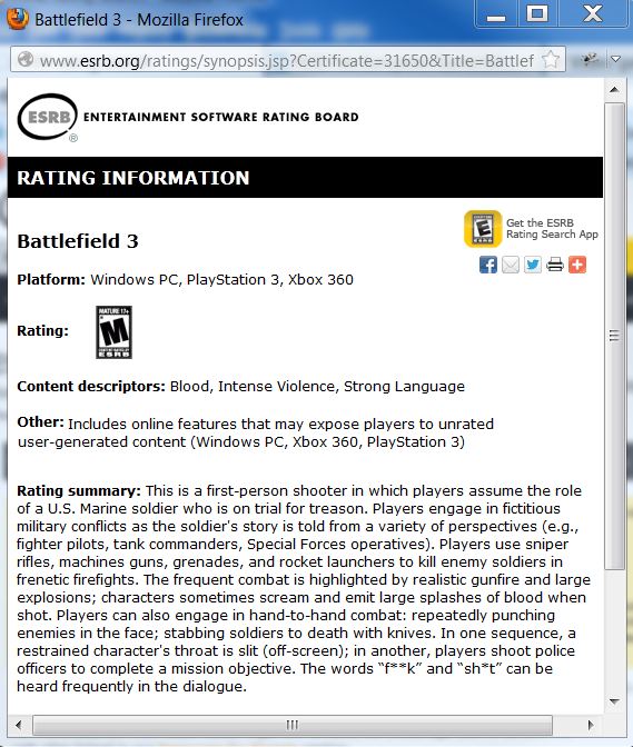 Screenshot of the Battlefield 3 video game rating determined by the ESRB