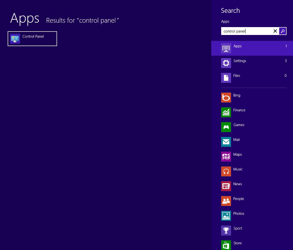 Screenshot showing one way to find the control panel on windows 8