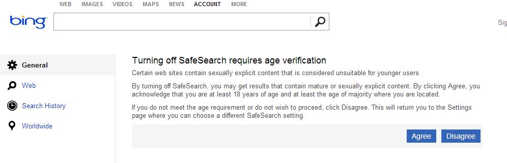 A screenshot of the disclaimer displayed if you try to turn off Bing safe search