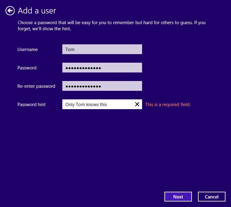 Screenshot of the account creation form on windows 8