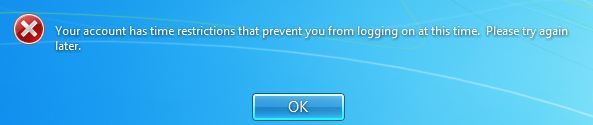 Screenshot of the screen displayed to child by windows 7 parental controls if the child attempts to login outside of permitted times.