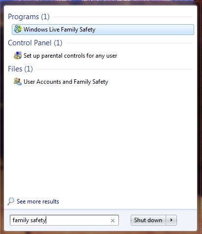 Screenshot of windows 7 search box searching for family safety