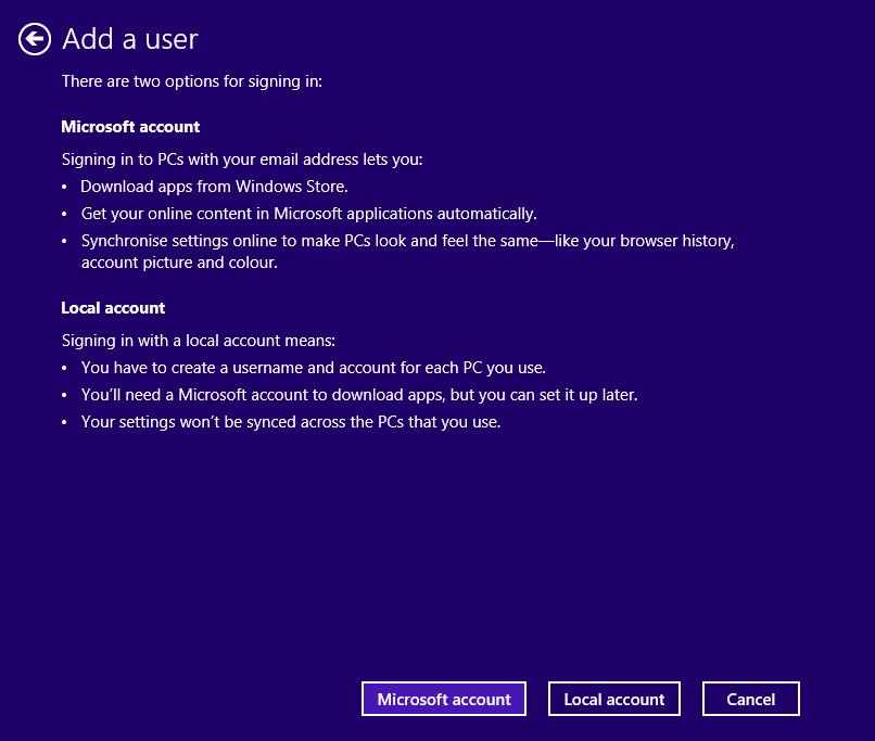 Screen shot of the user account choices screen on windows 8