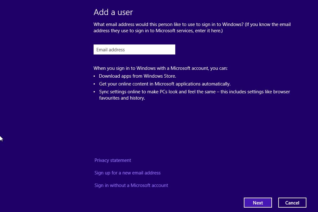 Screenshot of the windows 8 add user screen