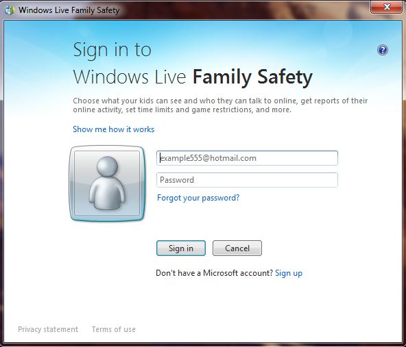 Screenshot of windows live family safety login screen