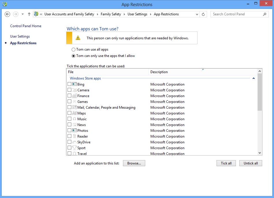 Screenshot of family safety app restriction setting - windows 8