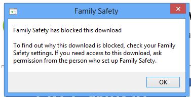 Screenshot fo the download blocked family safety message