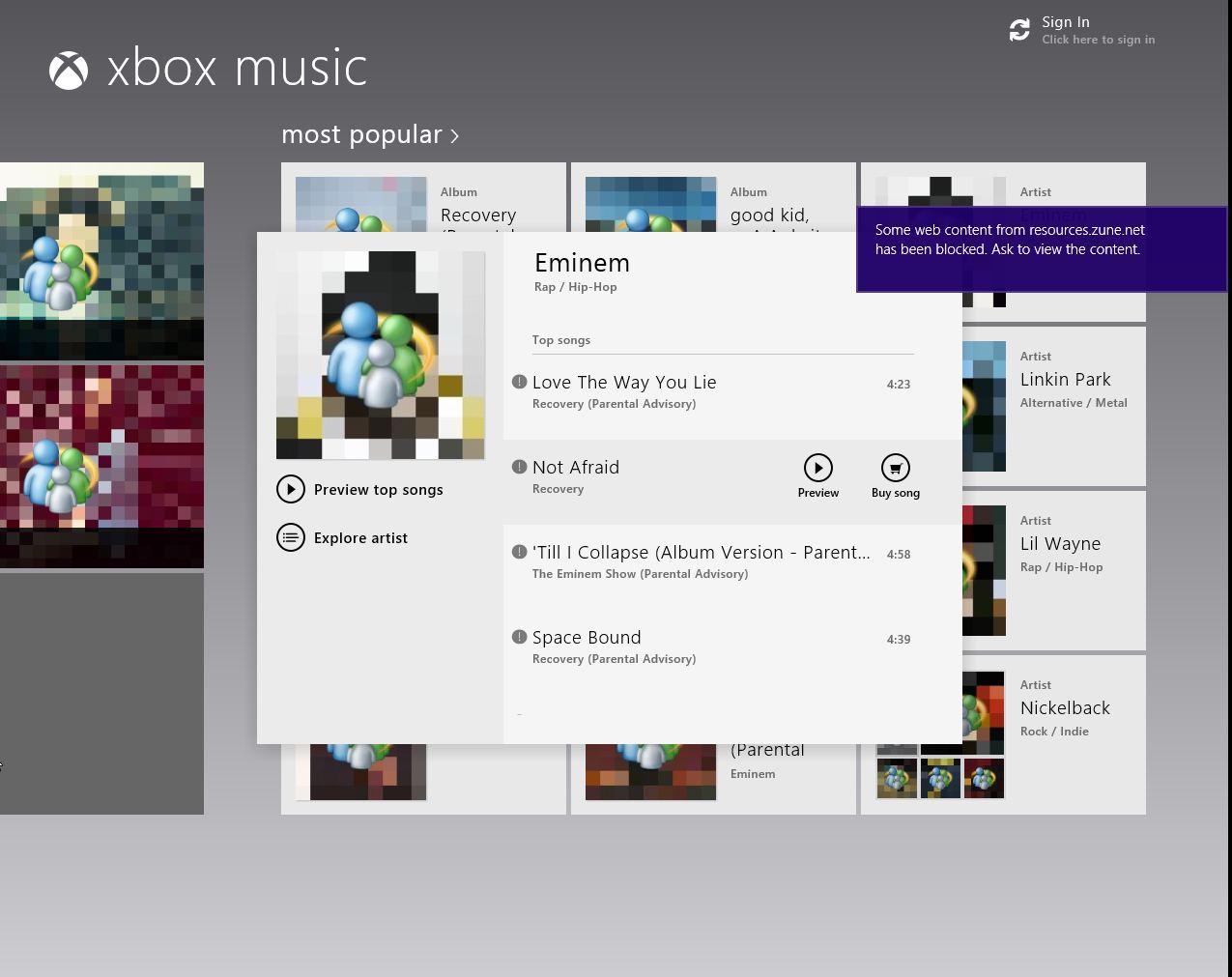 Screenshot of windows 8 music app.