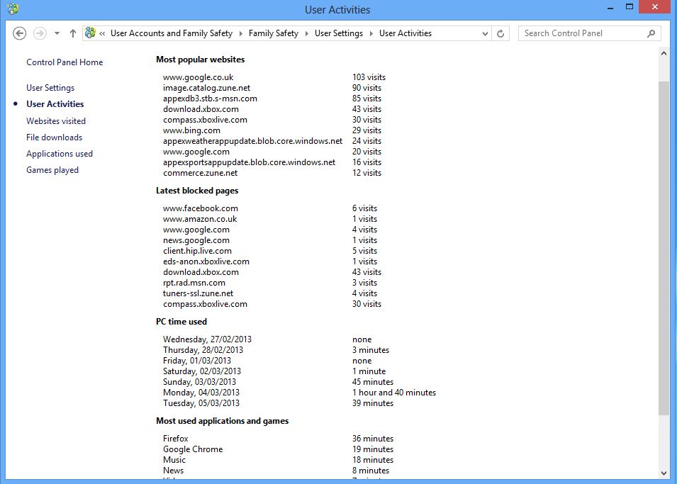 Screenshot of the family safety user activities screen