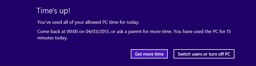 Screenshot of family safety internet time up message.