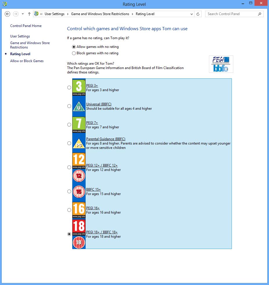 Screenshot of parental control choices on game and app ratings available in windows 8