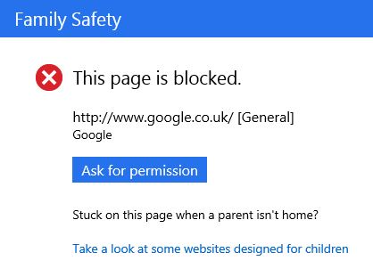 Screenshot of a family safety web filter warning
