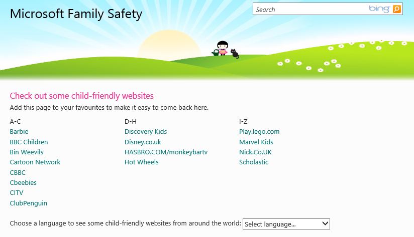 Screenshot of child friendly websites suggested by family safety.